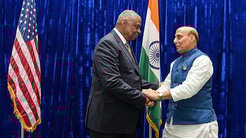 Union Defence Minister Rajnath Singh with US Secretary of Defense Lloyd J Austin at the 11th ASEAN Defence Ministers' Meeting-Plus at Vientiane, Lao PDR.