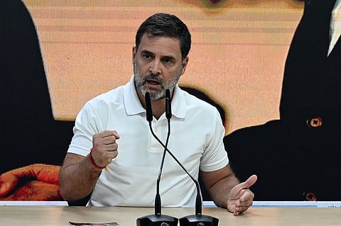 Leader of Opposition in Lok Sabha and Congress leader Rahul Gandhi during a press conference at the AICC headquarters, in New Delhi on Thursday