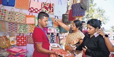 The stalls set up by the state-run ORMAS at Pallishree Mela in Balijatra are showcasing exquisite range of jute diversified products.