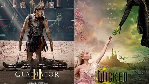 This combination of images shows promotional art for "Gladiator II," left, and "Wicked."