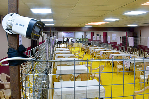 A security camera is seen at a counting centre, on the eve of counting of votes for the Maharashtra Assembly elections 2024, in Mumbai, Friday, Nov. 22, 2024.