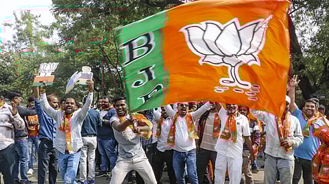 Mahayuti leaders and party cadre celebrate the alliance's success in the Maharashtra Assembly elections on Saturday, Nov. 23, 2024.