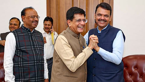 Maharashtra Deputy Chief Minister and BJP-led Mahayuti candidate from Nagpur South West constituency Devendra Fadnavis being greeted by Union Minister Piyush Goyal.