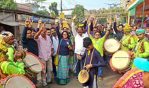 Trinamool Congress supporters celebrate party candidate Sujoy Hazra's victory in Medinipur Sadar by-elections, in West Medinipur