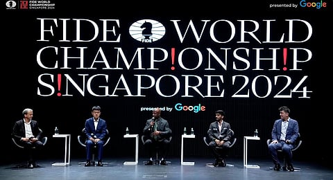 D Gukesh and Ding Liren at the 2024 FIDE World Championship opening ceremony.