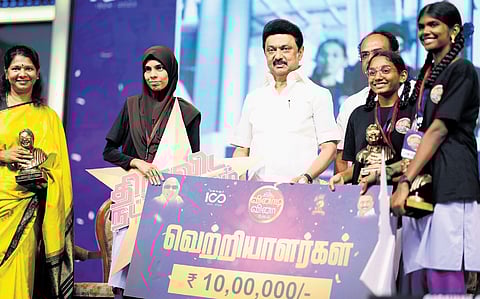 CM MK Stalin giving away prizes to winners at ‘Kalaignar 100 - quiz competition, in Chennai on Saturday
