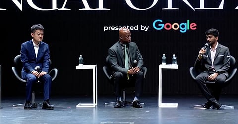 Ding Liren and D Gukesh during an event by International Chess Federation.