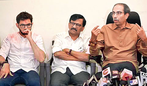 Shiv Sena (UBT) chief Uddhav Thackeray with party leaders Sanjay Raut and Aaditya Thackeray after the results