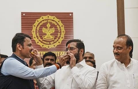 Maharashtra Chief Minister Eknath Shinde with Deputy Chief Ministers Devendra Fadnavis and Ajit Pawar celebrates the election victory