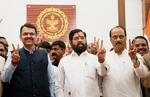 Maharashtra Chief Minister Devendra Fadnavis with Deputy Chief Ministers Eknath Shinde and Ajit Pawar.