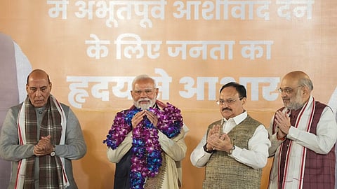 PM Modi with Union Ministers and senior BJP leaders Rajnath Singh, Amit Shah, and Union Minister and party National President JP Nadda at the BJP headquarters in New Delhi.