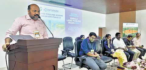 Industries Minister P Rajeeve speaking at the workshop organised by GCDA and Infopark. District Collector N S K Umesh, GCDA chairman Chandran Pillai, MLA P V Sreenijin and Infopark CEO Susanth Kurunthil are also seen