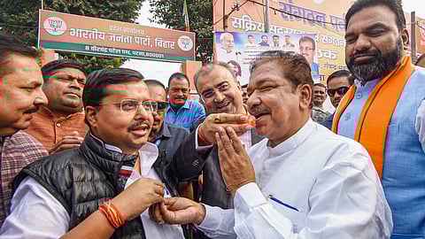 Bihar BJP State Dilip Jaishwal along with Deputy CM Samrat Chaudhary and others celebrates NDA's victory in Maharastra polls and Bihar assembly by-polls, in Patna on Saturday.