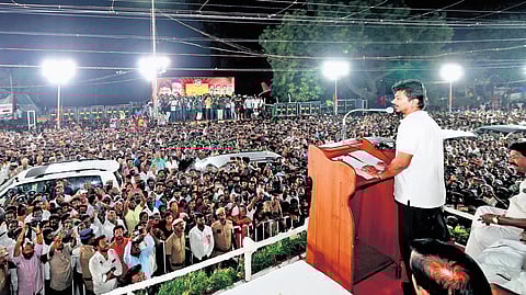 Deputy CM Udhayanidhi Stalin opened a statue of DMK patriarch M Karunanidhi in Thuraiyur and addressed a large gathering on Sunday