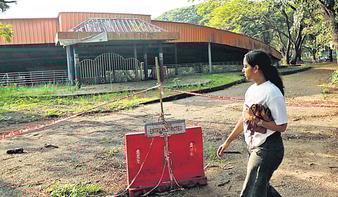 A student walks past the amphitheatre which has remained closed since the tragedy