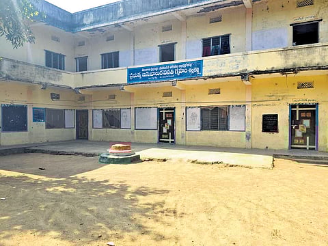 A view of the dilapidated building of the Government BC Welfare Boys Hostel located in Nallabelly mandal headquarters in Warangal district