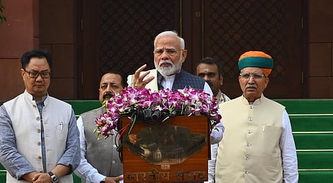 Prime Minister Narendra Modi addressing the media on the opening day of Parliament Session in New Delhi on Monday.