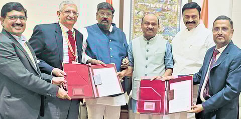 Speaker Ayyanna Patrudu, Dy Speaker Raghurama Krishna Raju, Council Chairman Moshenu Raju with officials of the Ministry of Parliamentary Affairs.