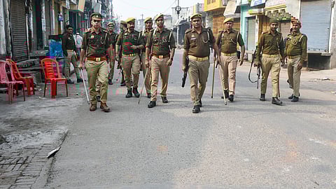 Security personnel patrol the violence-hit area a day after clashes and stone pelting incidents over the survey of the Jama mosque, in Sambhal, Monday.