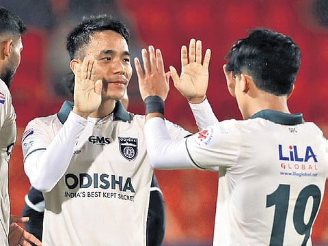 Lalthathanga Khawlhring celebrates after scoring the fifth goal.