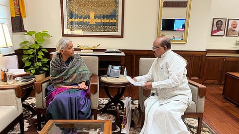 Prof K V Thomas, Kerala's representative in Delhi, during his meeting with Finance Minister Nirmala Sitharaman in Parliament on Monday.