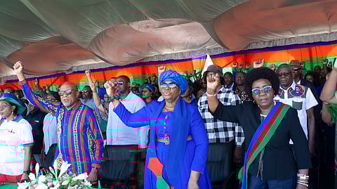Namibia's vice president Netumbo Nandi-Ndaitwah, center, of the ruling South West Africa People's Organization, (SWAPO) attends an election rally in Windhoek, Namibia, Sunday, Nov. 24, 2024, ahead of elections Wednesday