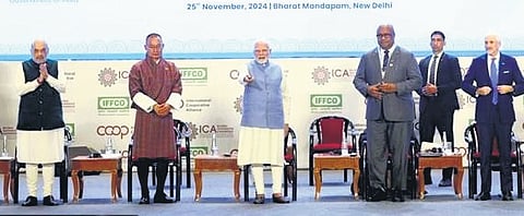 PM Modi attends Global Cooperative Conference at Bharat Mandapam on Monday.
