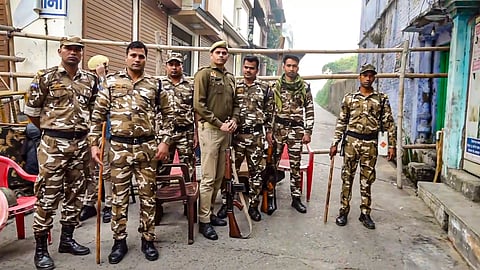 Security personnel deployed to maintain law and order, a day after clashes between police and protesters opposing the survey of the Jama Masjid, in Sambhal, Uttar Pradesh.