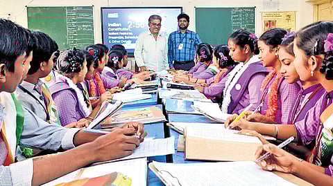 Students of Zilla Parishad High School in P Donthamuru during a brainstorming session to draft the Constitution.