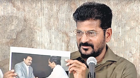 Chief Minister A Revanth Reddy addresses a press meet in Hyderabad on Monday.