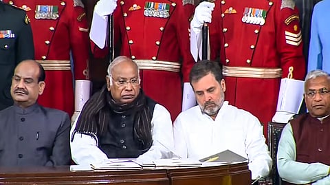 Lok Sabha Speaker Om Birla, LoP in the Rajya Sabha Mallikarjun Kharge, LoP in the Lok Sabha Rahul Gandhi and Rajya Sabha Deputy Chairman Harivansh Narayan Singh during the 'Samvidhan Divas' function at Samvidhan Sadan in New Delhi, Tuesday, Nov. 26, 2024.
