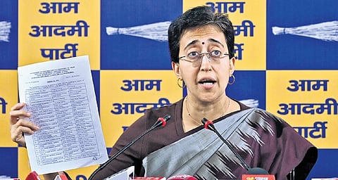CM Atishi addresses a press conference on Tuesday.