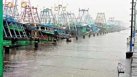 Fishing vessels berthed at Nagapattinam harbour on Tuesday
