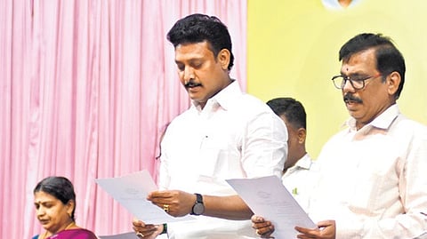 Minister Anbil Mahesh Poyyamozhi during a seminar at a school in Egmore on Tuesday