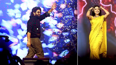 Actors Allu Arjun and Rashmika Mandanna seen at Grand Hyatt in Kochi during the promotion of Pushpa 2.