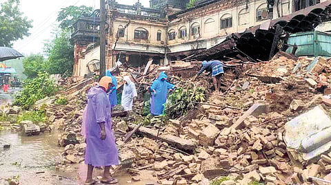 A large two-storeyed vacant house which is said to be about 150 years old collapsed partially in the heavy rain in Palur of Sembanarkoil block on Tuesday night.