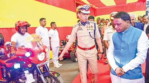 Chief Minister Mohan Charan Majhi with DG, Fire Service Sudhansu Sarangi in Bhubaneswar on Wednesday