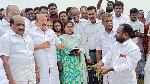Minister for Agriculture and Farmers Welfare M R K Panneerselvam inspecting the paddy crop inundated in the rainwater at Ukkadai village in Thanjavur district