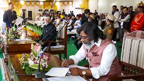 Jharkhand Mukti Morcha leader Hemant Soren after he was sworn-in as the 14th Chief Minister of Jharkhand by Governor Santosh Gangwar during a ceremony at Morhabadi Grounds, in Ranchi.