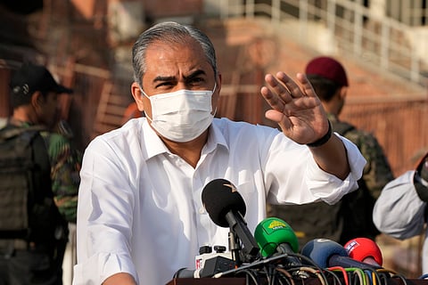 Pakistan's Interior Minister and Chairman of Pakistan Cricket Board Mohsin Naqvi talks to media after reviewing the Gaddafi Stadium's up-gradation work in preparation for upcoming ICC Champions Trophy 2025, in Lahore, Pakistan, Monday, Nov. 18, 2024.