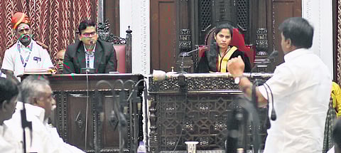 GCC Mayor R Priya and others attending the council meeting