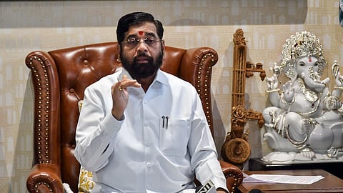 Maharashtra Chief Minister Eknath Shinde addresses a press conference at his residence in Thane.