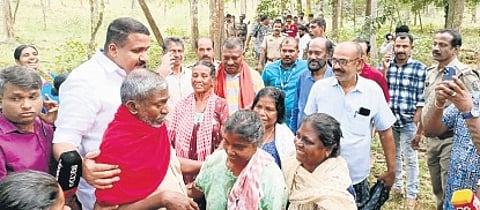 Kothamangalam MLA Antony John with the three women who were rescued from Kuttampuzha forest on Friday morning.
