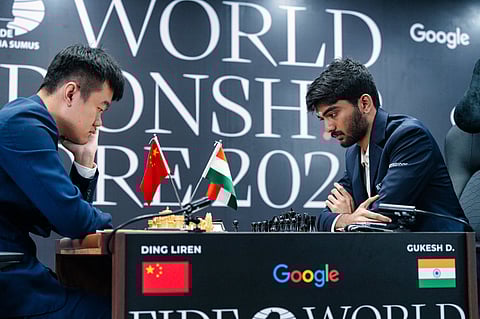 Ding Liren and D Gukesh during the fourth game on Friday (Photo | FIDE)