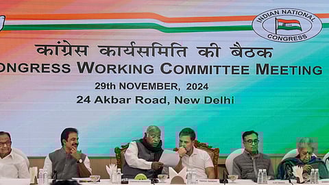Congress President Mallikarjun Kharge with LoP in the Lok Sabha and party leader Rahul Gandhi, party leaders Ajay Maken, KC Venugopal, P Chidambaram, and others during the Congress Working Committee meeting, at the AICC headquarters in New Delhi.