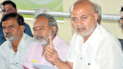 Former minister and JDS leader Sa Ra Mahesh speaks to the media in Mysuru on Saturday