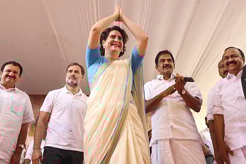 Leader of Opposition in Lok Sabha Rahul Gandhi and Congress General Secretary and MP Priyanka Gandhi during a public meeting, at Mukkam, in Kozhikode district, Kerala, Saturday, Nov. 30, 2024.