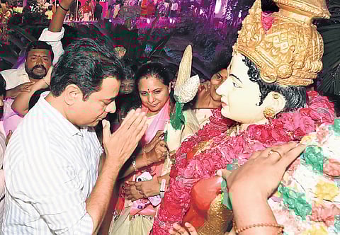 BRS working president KT Rama Rao and MLC K Kavitha during the Deeksha Diwas at Telangana Bhavan in Hyderabad.