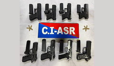 Police recovered a consignment of eight sophisticated pistols including four Glock Pistols (Austria made), two Turkey 9mm Pistols and two X-Shot Zigana .30 bore Pistols along with 10 cartridges.