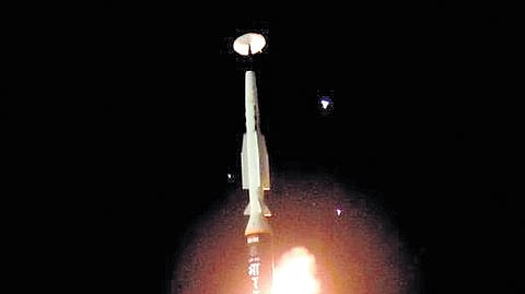 Indias first hypersonic missile being test-fired from a facility off Odisha coast on November 17.